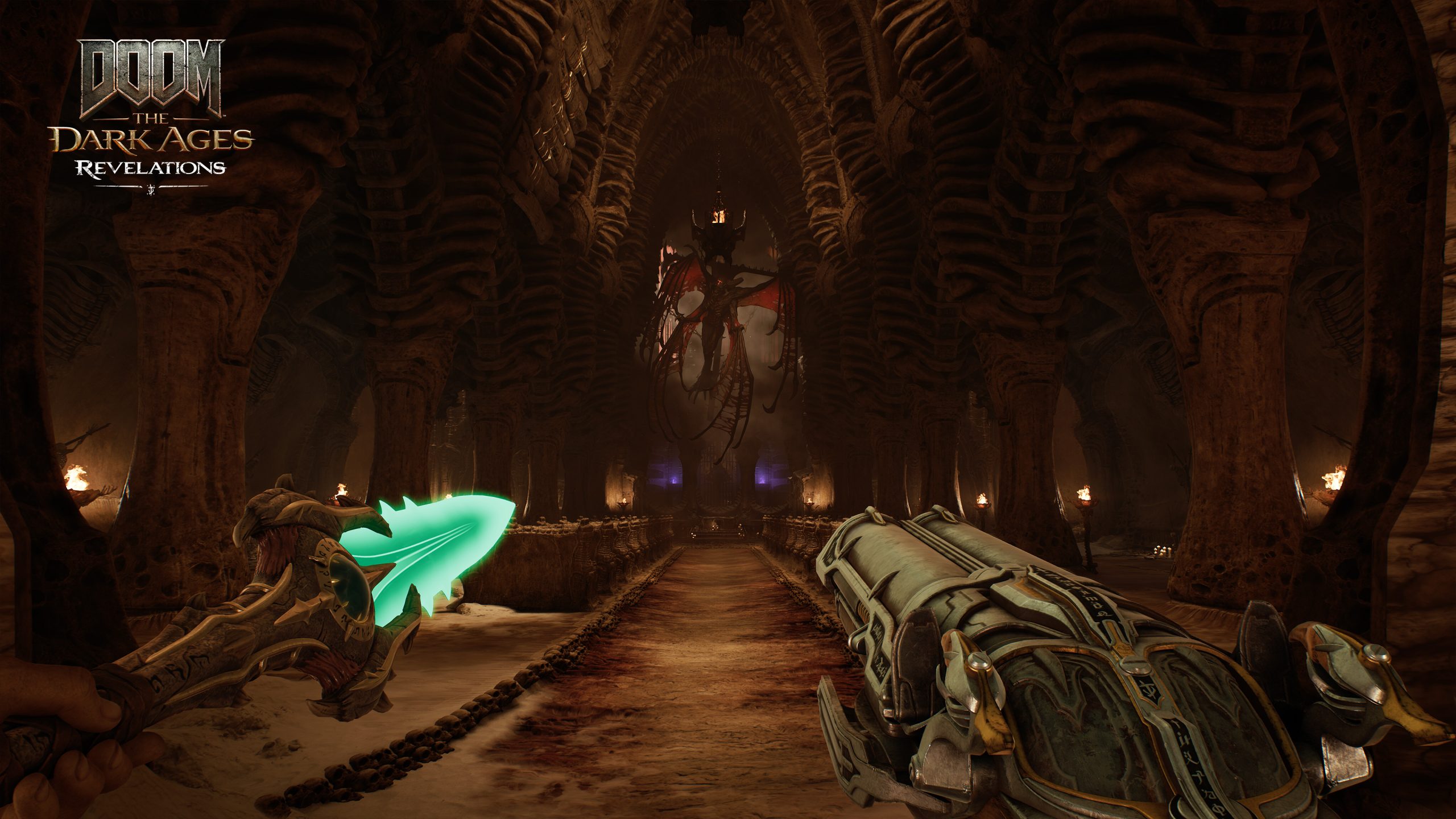 Une scène du jeu 'DOOM The Dark Ages Revelations' montre un personnage brandissant une arme verte lumineuse à l'intérieur d'une salle gothique sombre avec une créature démoniaque suspendue au fond.