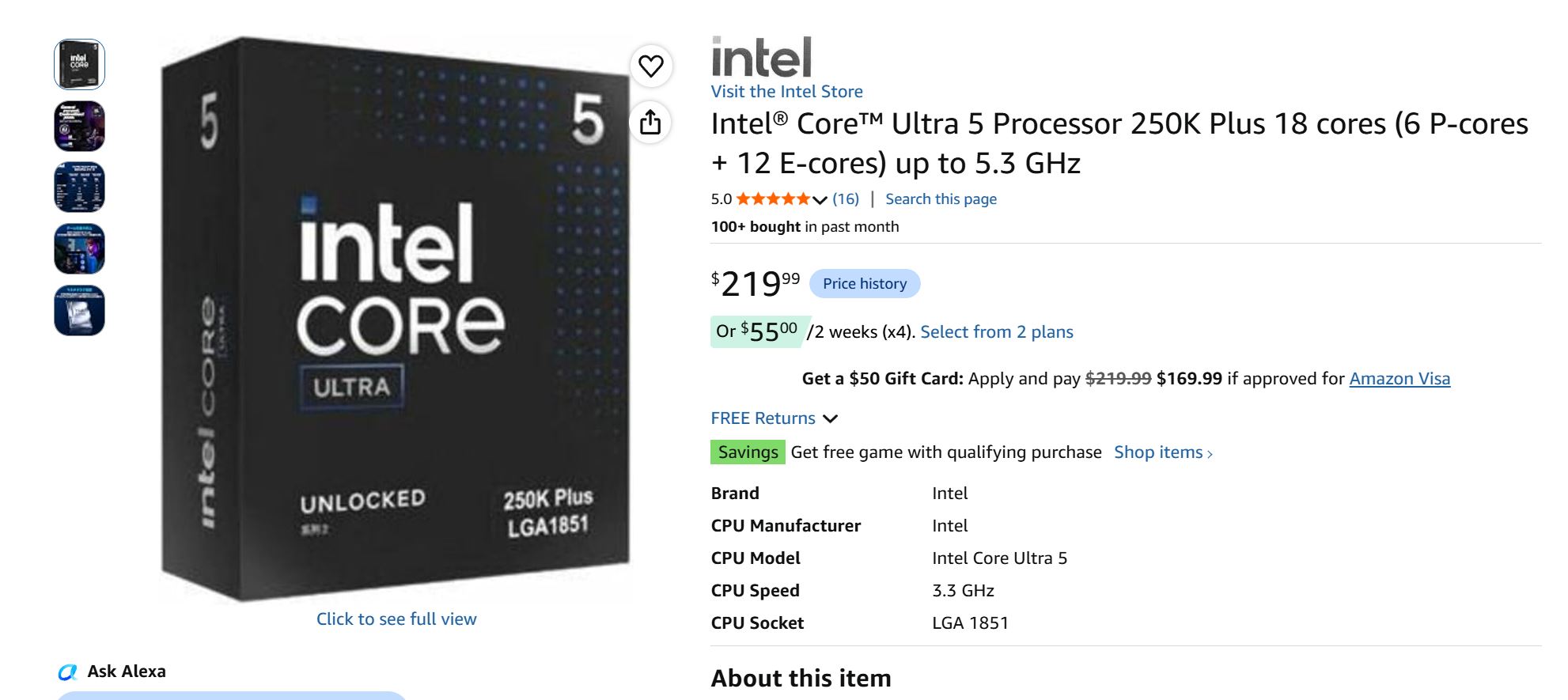 Boîte du processeur Intel Core Ultra 5 250K Plus et fiche Amazon avec prix affiché.