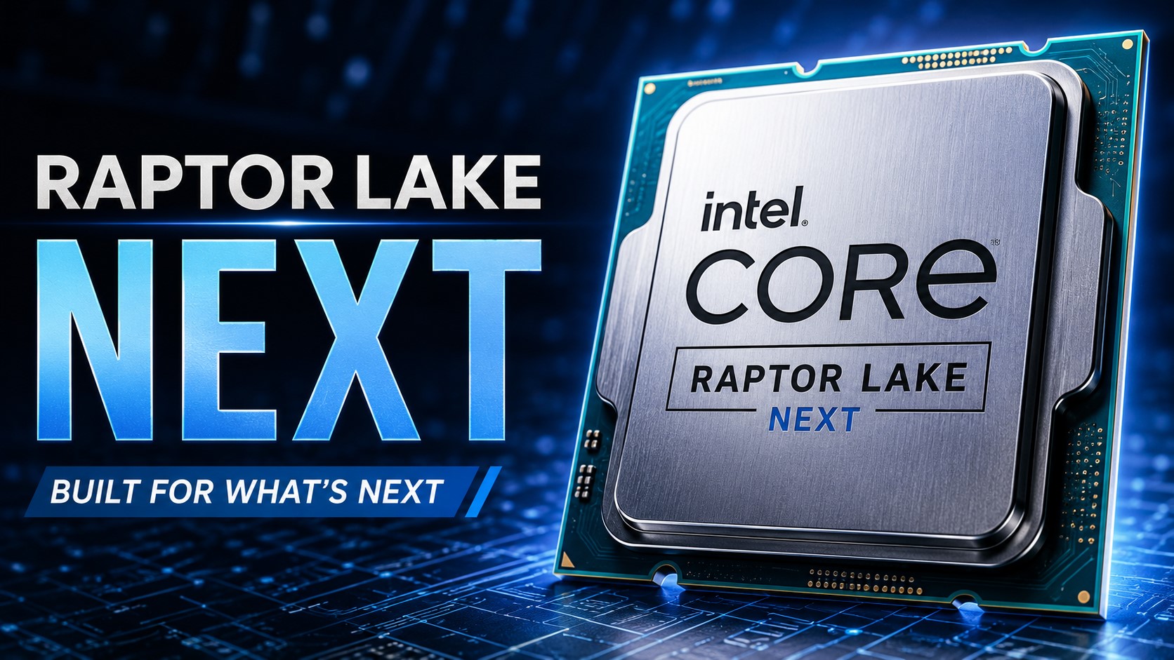Un processeur Intel Core 'Raptor Lake NEXT' posé à côté d'un texte promotionnel.