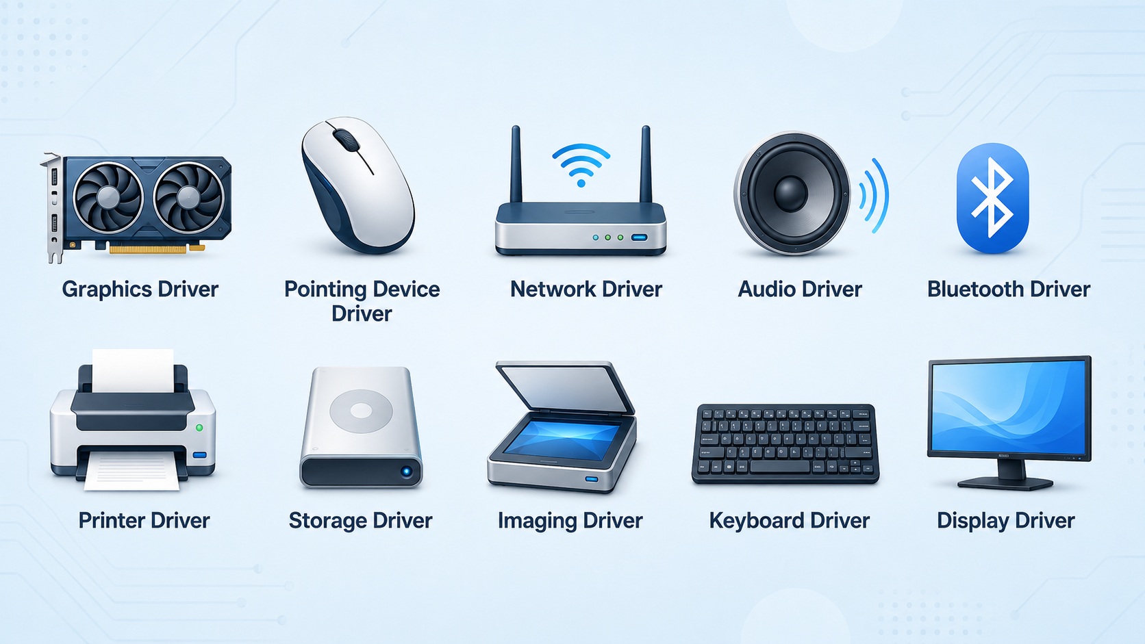 Infographie montrant des icônes pour différents types de pilotes : pilote graphique, réseau, audio, Bluetooth, stockage, etc.