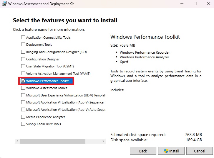 Écran d'installation du Windows ADK montrant 'Windows Performance Toolkit' sélectionné.