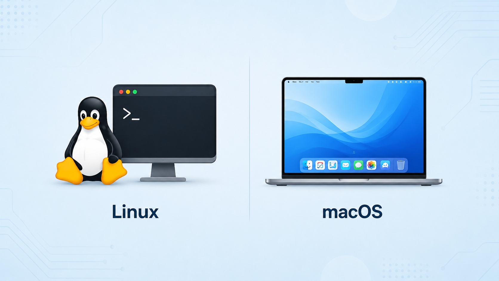 Illustration montrant une configuration Linux avec le personnage Tux à côté d'un terminal, contrastée avec un ordinateur portable macOS.