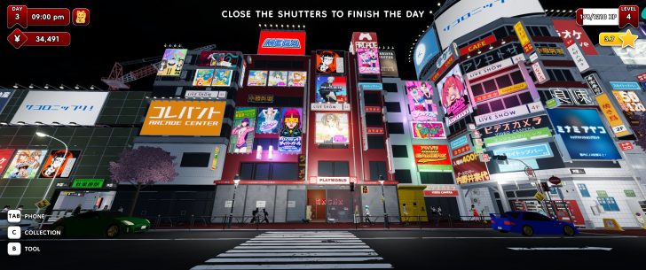 Une scène de ville nocturne dans un jeu vidéo, avec une rue colorée et néon, des panneaux 'ARCade Center' et 'Gacha'. L'interface montre 'DAY 3', '09:00 pm' et '¥34,491'.