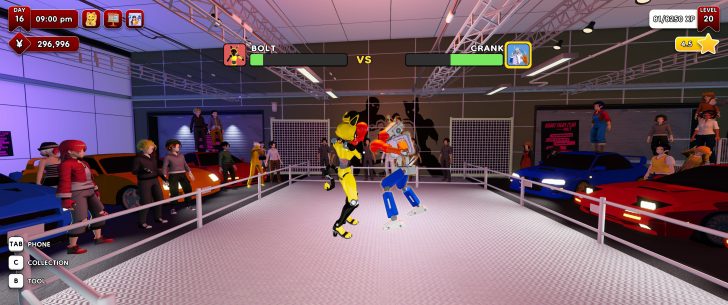 Deux robots nommés 'Bolt' et 'Crank' s'affrontent dans un ring entouré de spectateurs et de voitures. L'interface affiche des barres de vie, l'heure '09:00 pm' et une monnaie '¥296,996'.