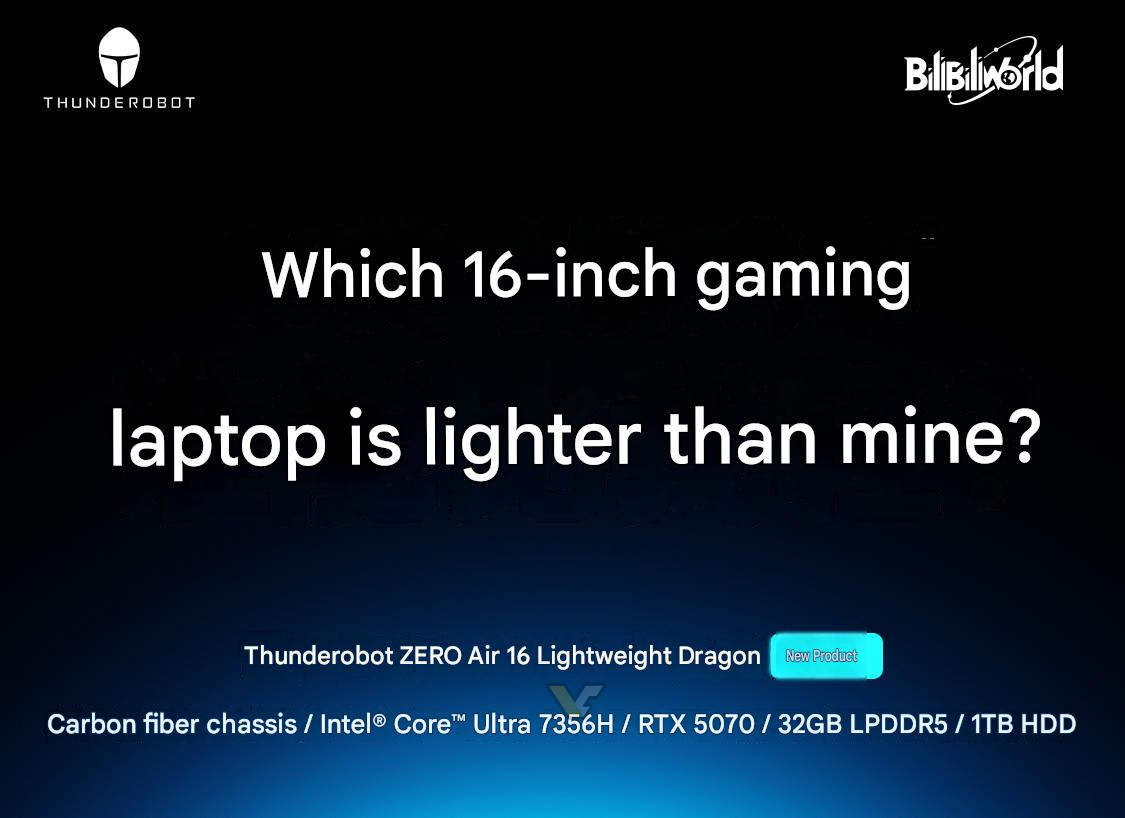Texte promotionnel pour le portable gaming Thunderobot ZERO Air 16 avec ses spécifications : châssis carbone, Intel Core Ultra 7356H, RTX 5070, 32 Go LPDDR5, 1 To de stockage.