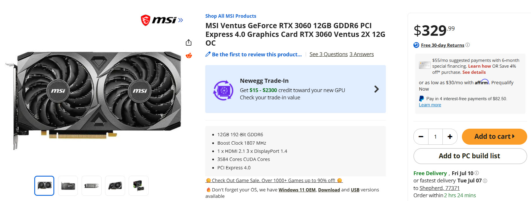 Page produit de la carte graphique MSI Ventus GeForce RTX 3060 12Go GDDR6, avec les spécifications techniques et un prix de 329,99 dollars.