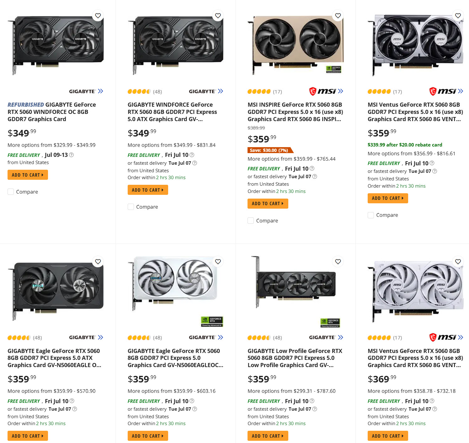 Liste de plusieurs modèles de cartes graphiques RTX 5060 8Go, incluant la Gigabyte WindForce OC et la MSI Ventus, avec leurs prix et disponibilités.
