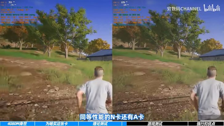 Comparaison côte à côte montrant un personnage courant dans un jeu, avec les statistiques à l'écran 'Total Core 90%', 'P Usage 65.0%', '351 fps' à gauche et '226 fps' à droite.