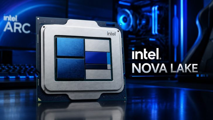 Représentation du CPU Intel Nova Lake et évoquant un lancement début 2027, des détails thermiques et les chipsets Z990/Z970.