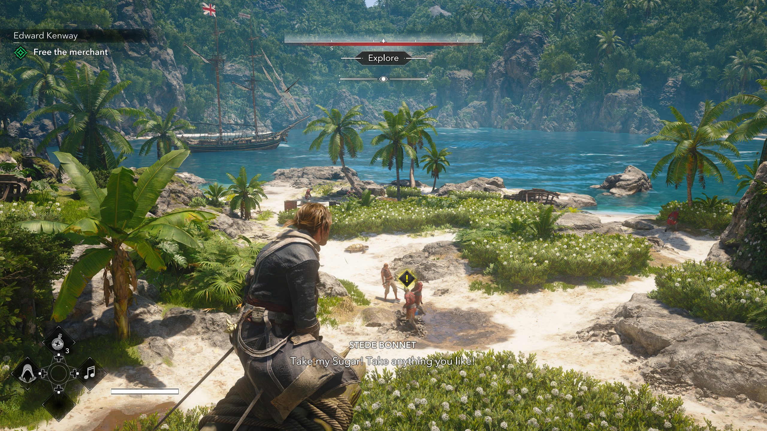 Un personnage d'Assassin's Creed IV: Black Flag avec la mission 'Libérer le marchand' affronte des ennemis sur une île tropicale. Le texte à l'écran indique : STEDE BONNET : Prenez mon sucre ! Prenez tout ce que vous voulez !