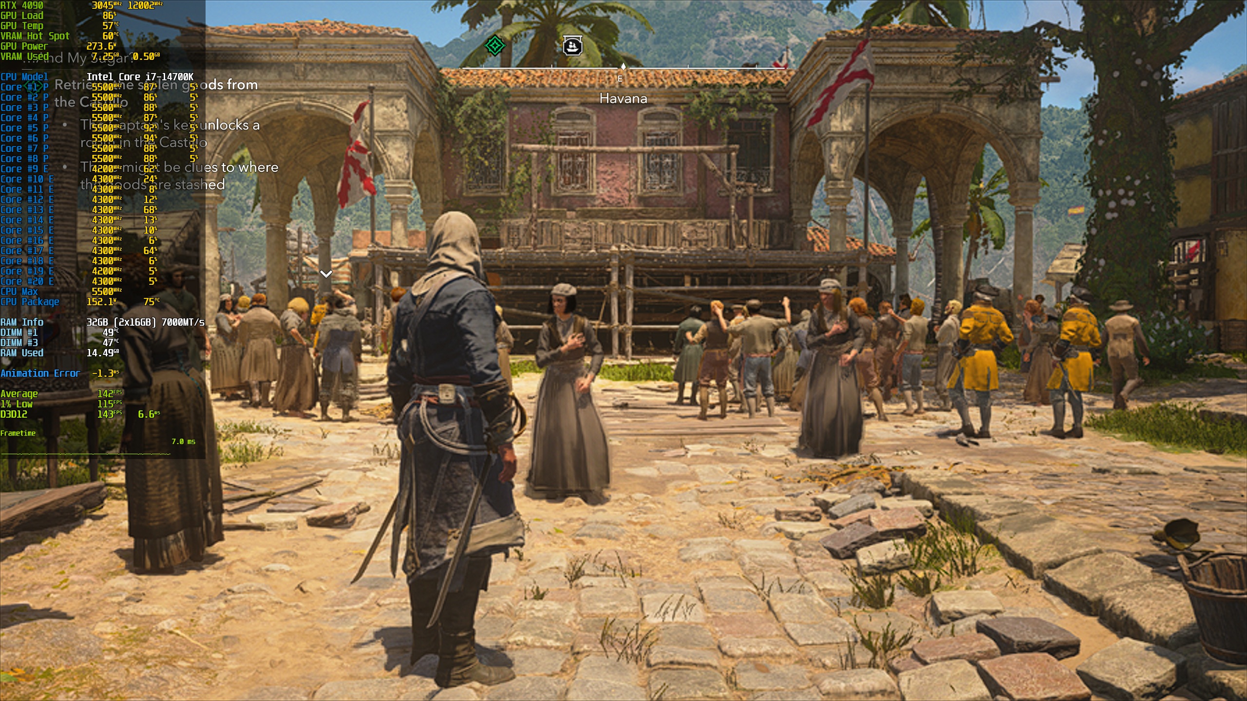 Scène de benchmark CPU à La Havane dans Assassin's Creed Black Flag.