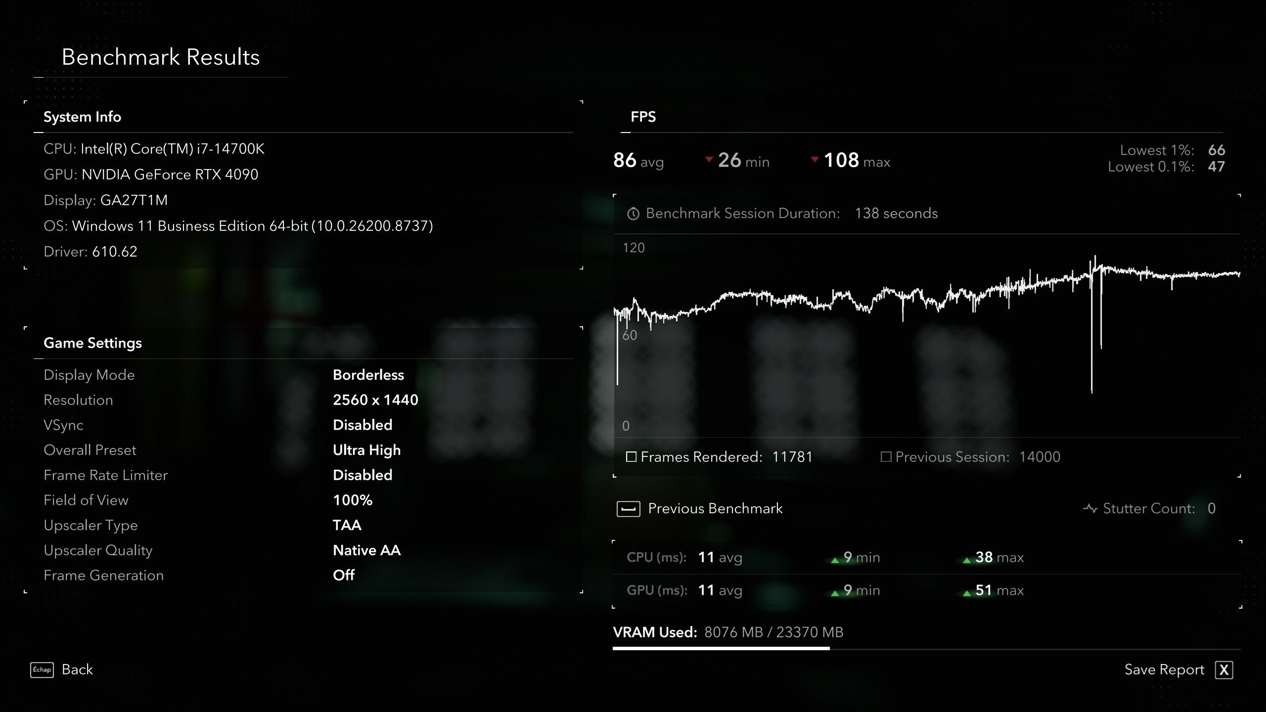 Écran de résultats d'un benchmark avec un Core i7-14700K et une RTX 4090 affichant 86 FPS en moyenne.