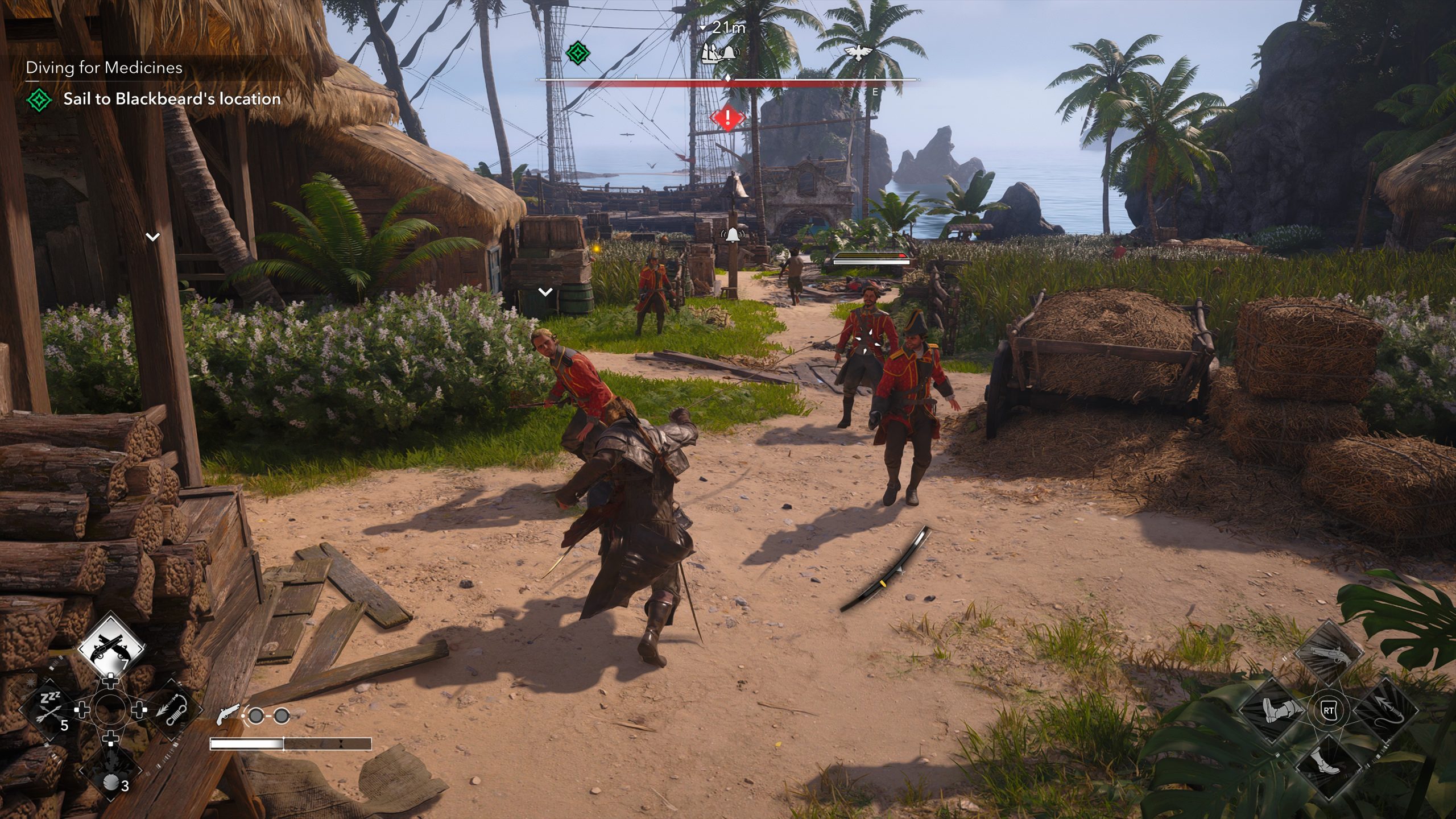 Un personnage dans Assassin's Creed combat des ennemis sur une plage, avec l'objectif 'Naviguer vers la localisation de Barbe Noire' visible en haut à gauche.