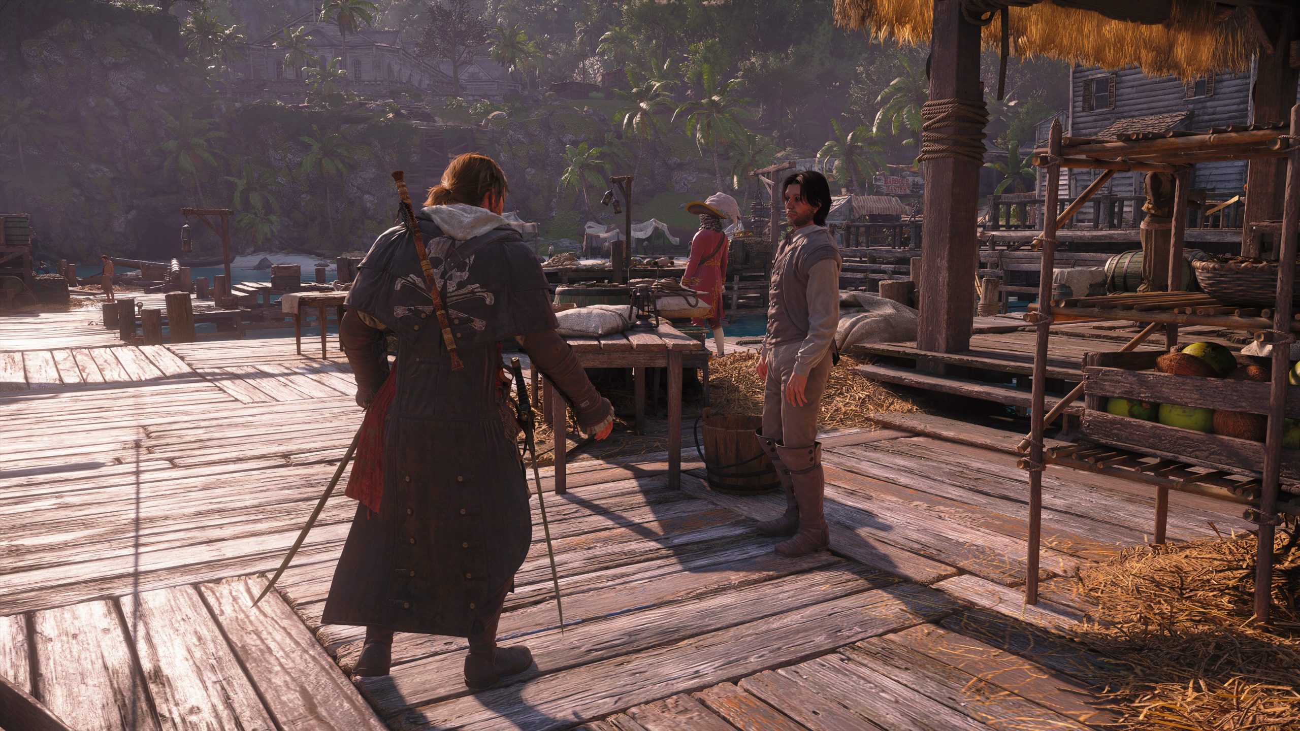Une scène d'Assassin's Creed Black Flag Resynced montre un pirate interagissant avec un marchand sur un quier.