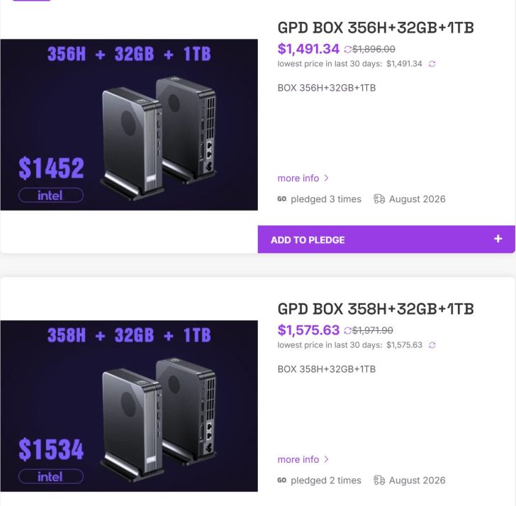 Deux annonces pour les ordinateurs GPD BOX sur Indiegogo, affichant les prix pour les configurations 356H et 358H.