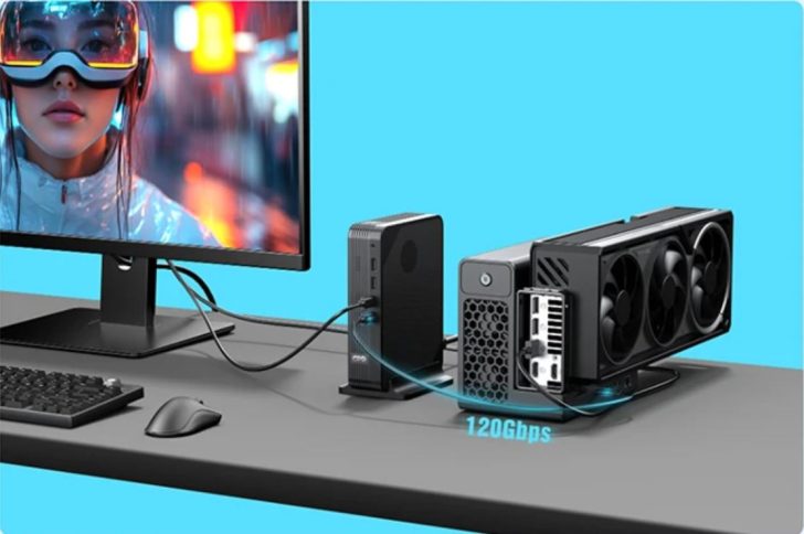 Un bureau avec un moniteur affichant une personne portant des lunettes futuristes, à côté d'un mini PC connecté à un boîtier de carte graphique externe.