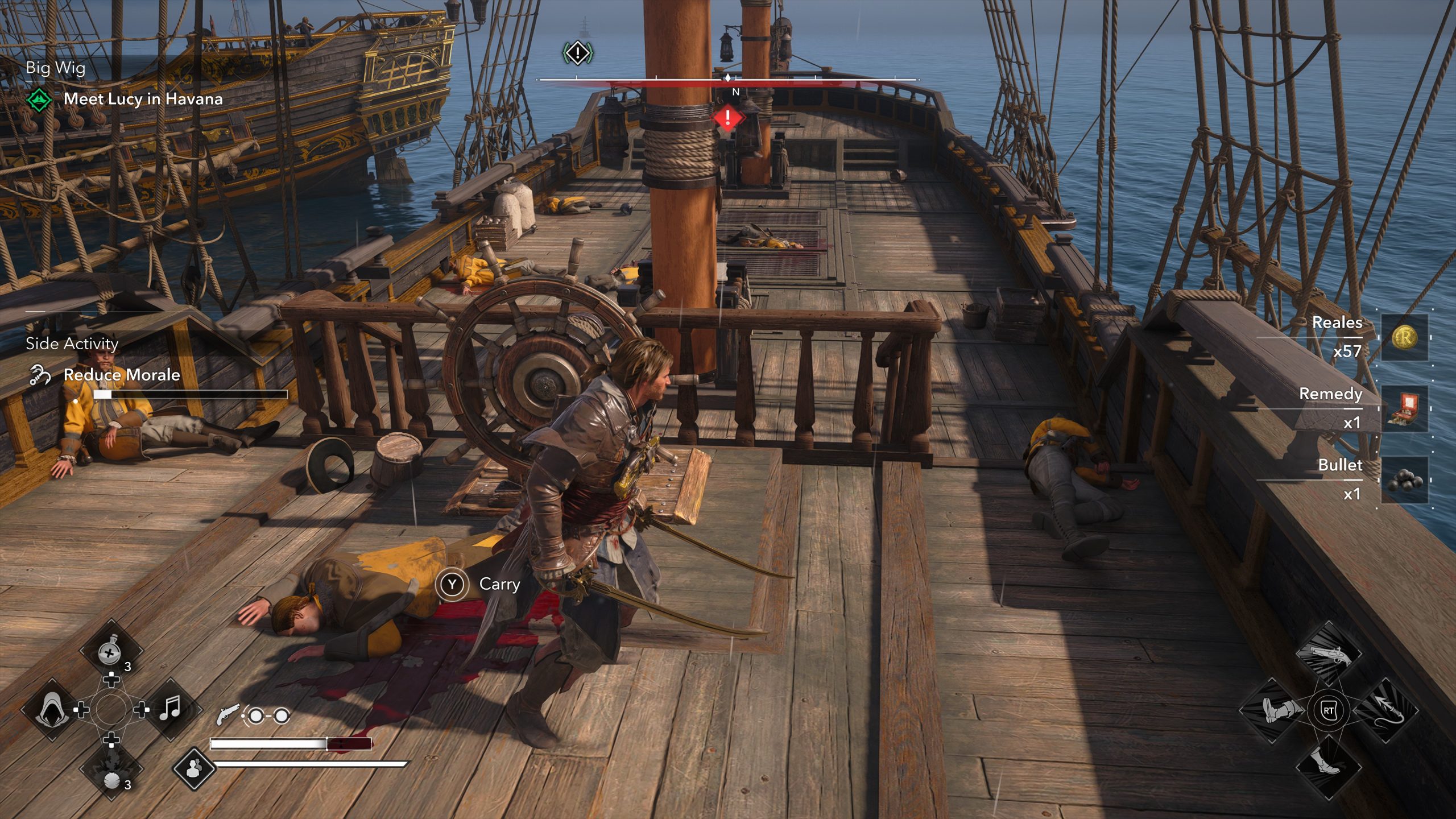 Edward Kenway sur le pont d'un navire, entouré d'ennemis vaincus.