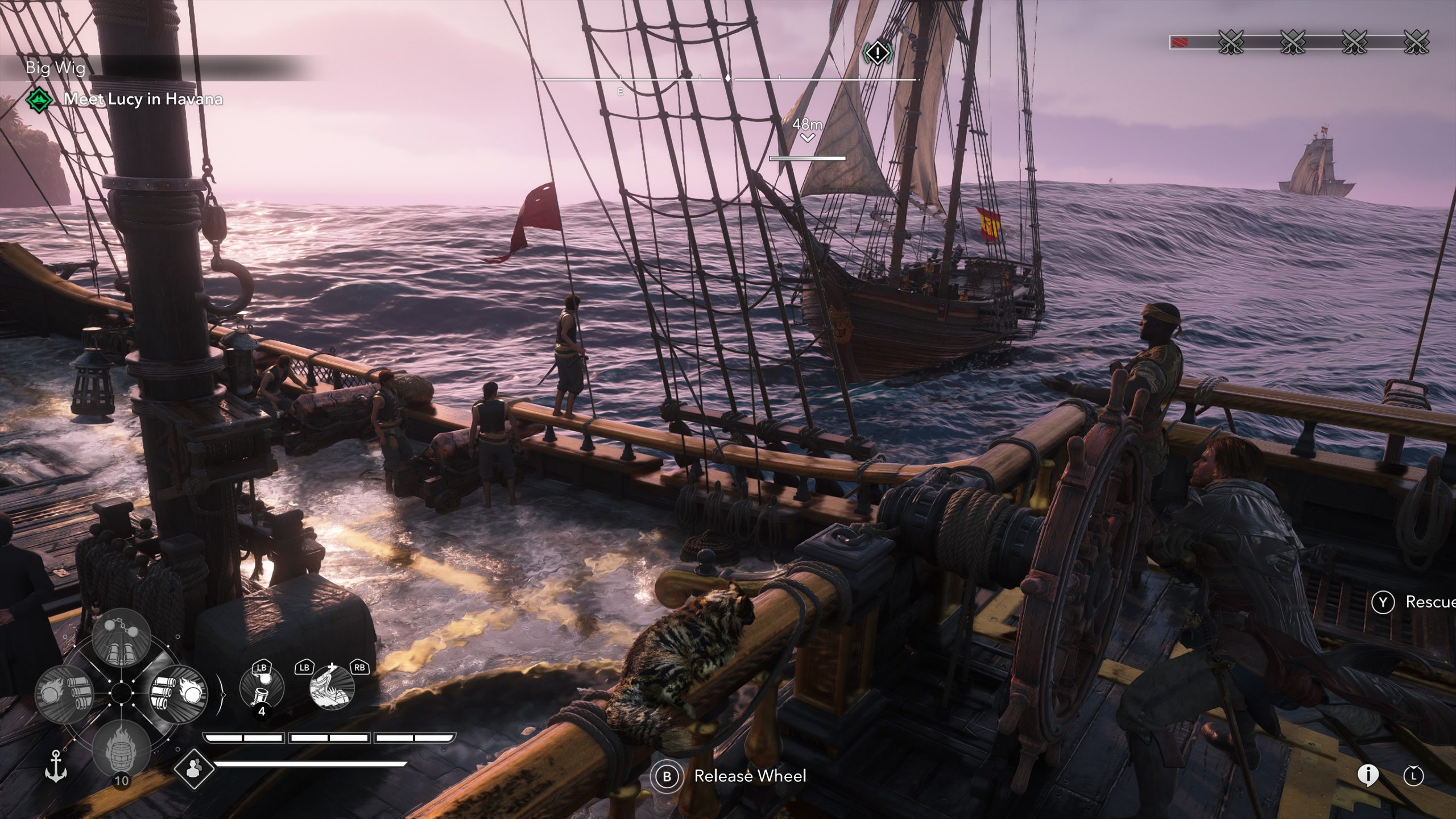 Un personnage du jeu Assassin's Creed Black Flag Resynced pilote un navire en mer avec comme tâche de 'Rencontrer Lucy à La Havane', tandis qu'un autre navire navigue à proximité.
