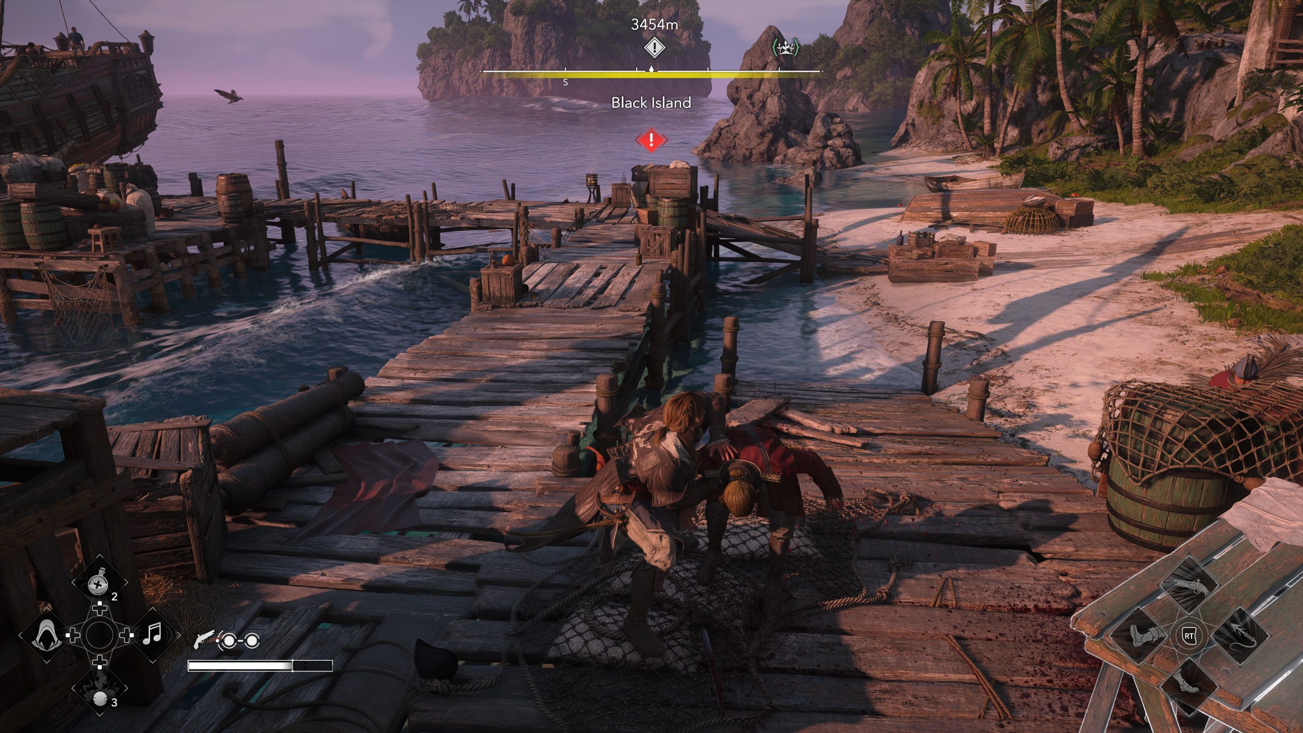 Un personnage du jeu Assassin's Creed Black Flag Resynced se bat sur un quai en bois avec une étendue d'océan et une île nommée 'Black Island' au loin.