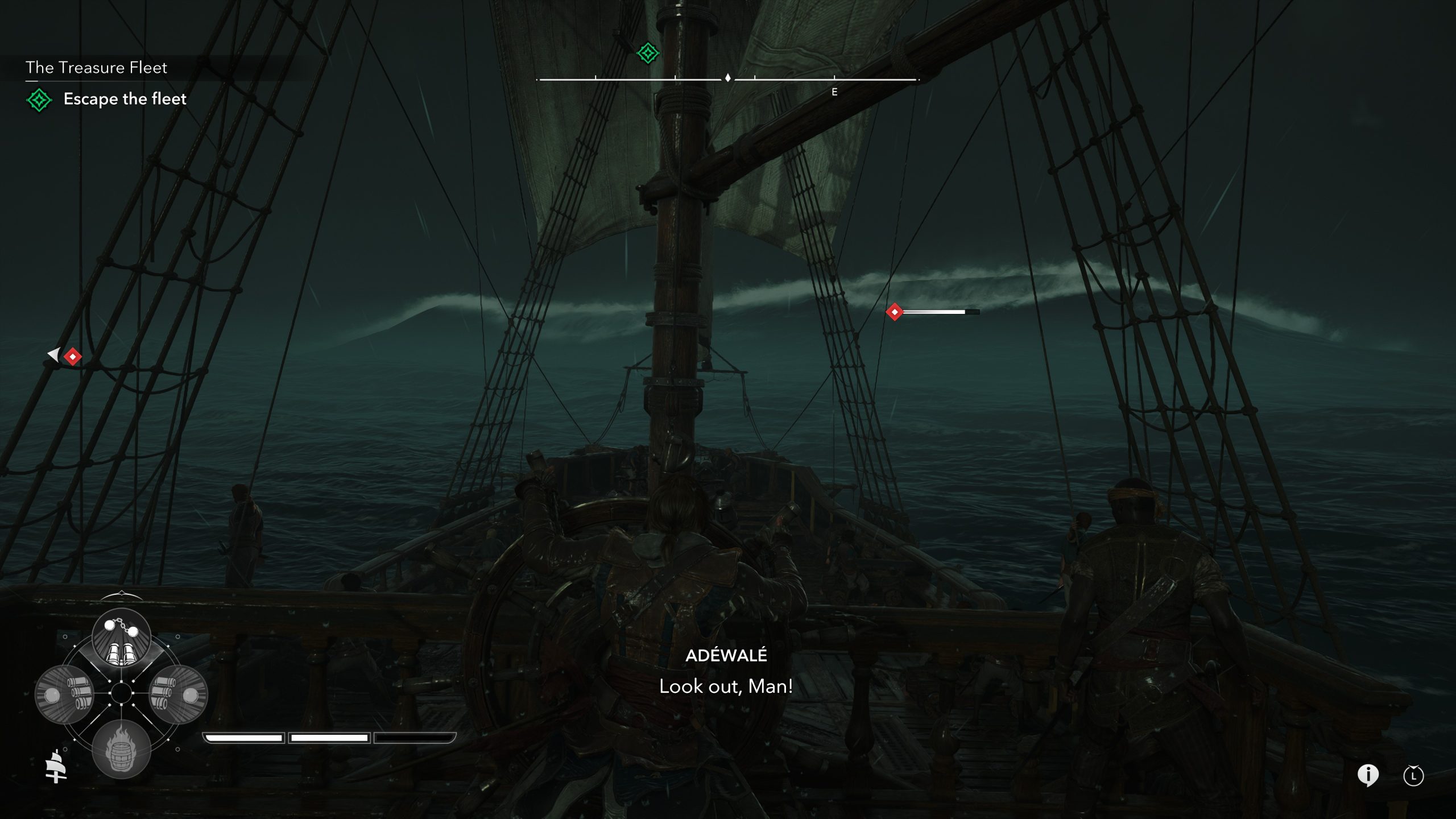 Dans Assassin's Creed Black Flag Resynced, Adéwalé dirige un navire dans une mer déchaînée, avec l'objectif 'Escape the fleet' et la mention 'Look out, Man!' à l'écran.