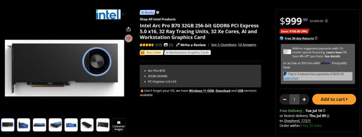 Capture d'écran de la carte graphique Intel Arc Pro B70 sur Newegg, affichant un prix de 999,99 dollars, avec 32 Go de GDDR6, un support PCI Express 5.0 x16, 32 unités de ray tracing et 32 cœurs Xe.