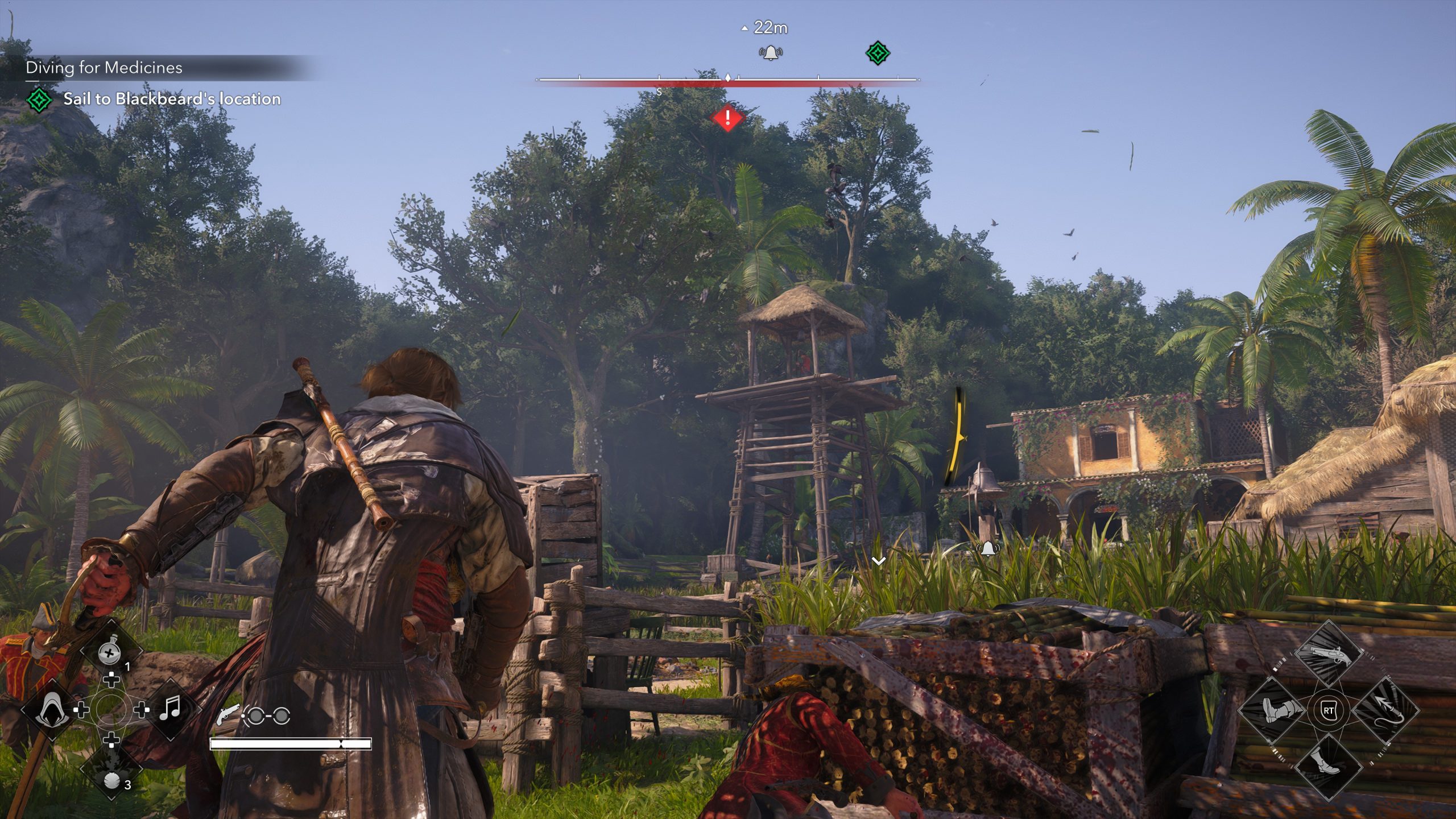 Un personnage d'Assassin's Creed s'approchant furtivement d'une tour en bois dans une jungle luxuriante.
