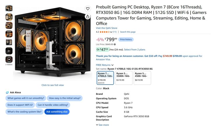 Un PC gaming pré-monté de la marque Qehi, équipé d’un processeur AMD Ryzen 7 et d’une carte graphique GeForce RTX 3050 8GB, avec des ventilateurs orange visibles. Prix indiqué : 799,99 dollars.