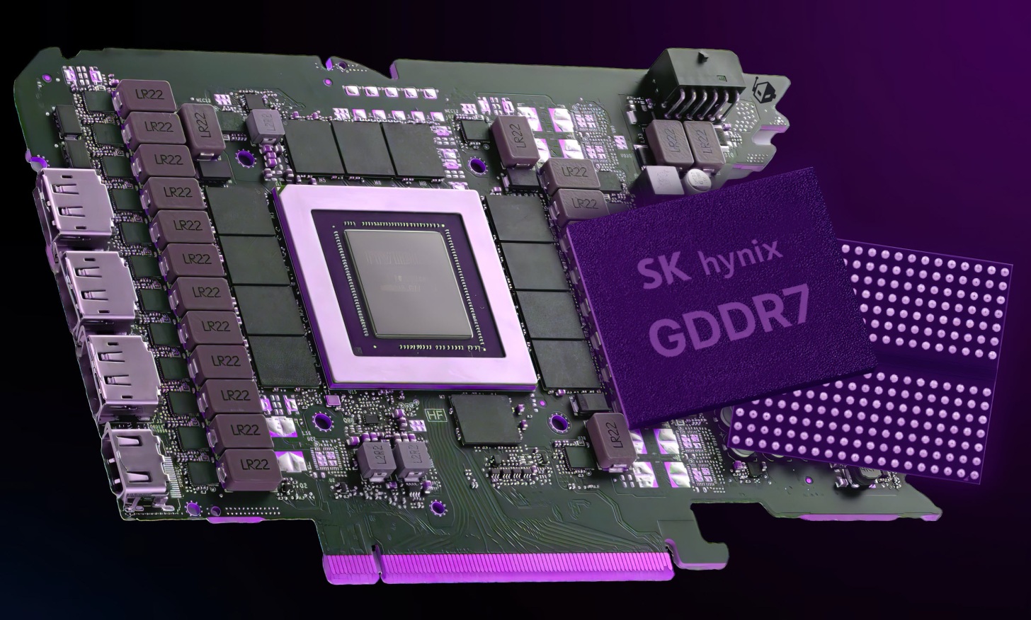 Une carte graphique montrant une puce mémoire GDDR7 de SK hynix, entourée de plusieurs composants LR22 et de différents ports sur le bord.
