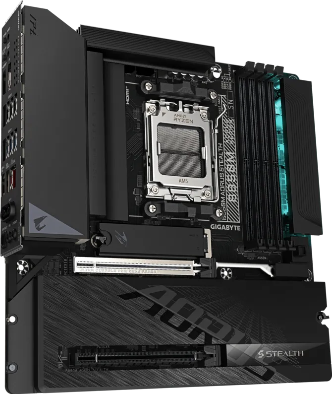 Une carte mère Gigabyte Aorus Z690 avec socket AMD Ryzen, présentant des slots PCIe visibles.