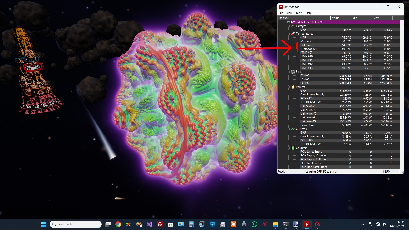 Une GeForce RTX 5090 est montrée en fonctionnement avec un 'Hot Spot' à 94.8°C dans HWMonitor.