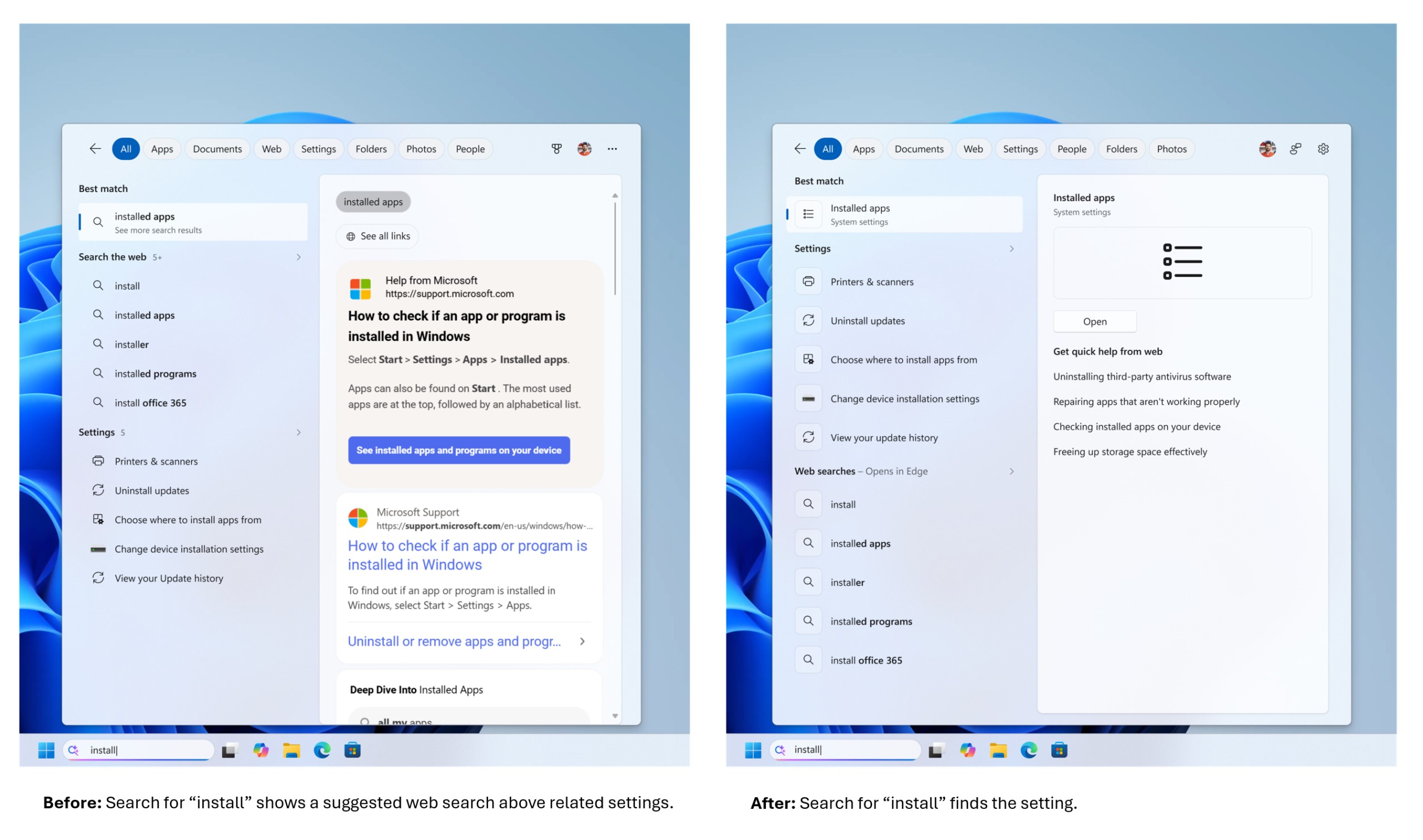Une comparaison de recherche Windows pour 'install' montre à gauche des résultats web au-dessus des paramètres, et à droite la détection directe des applications installées.