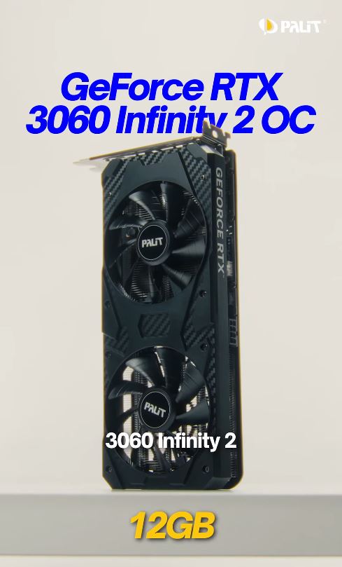 Photographie d'une carte graphique Palit GeForce RTX 3060 Infinity 2 OC, avec la mention '12GB' bien visible.