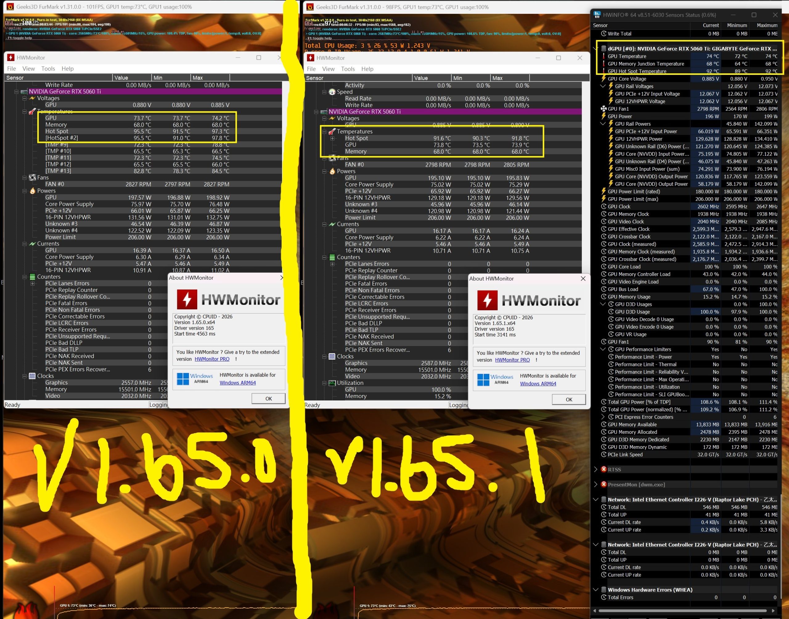 Comparaison de deux fenêtres HWMonitor affichant les températures et tensions d'une NVIDIA GeForce RTX 5600 XT, sous les versions 'V1.65.0' et 'V1.65.1'.