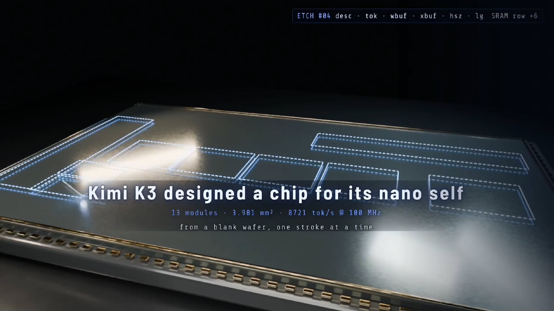 Un rendu numérique montre un design de circuit intitulé 'Kimi K3 designed a chip for its nano self' avec des spécifications techniques.