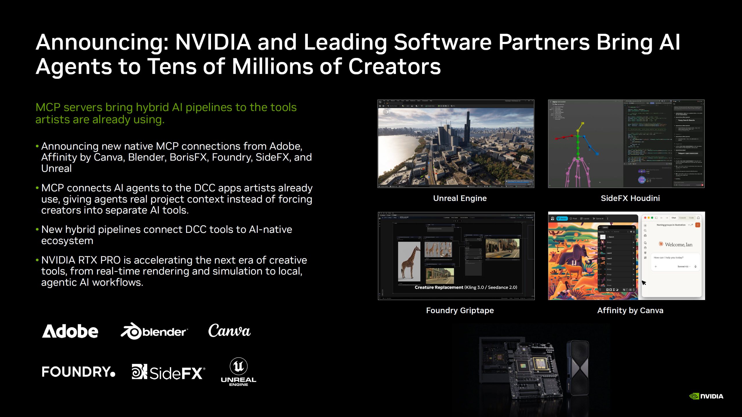 La diapositive intitulée 'Annonce : NVIDIA et ses partenaires logiciels majeurs apportent les agents IA à des dizaines de millions de créateurs' met en lumière de nouvelles connexions MCP avec des applications comme Adobe et Unreal Engine, présentant des outils tels que SideFX Houdini et Affinity by Canva.