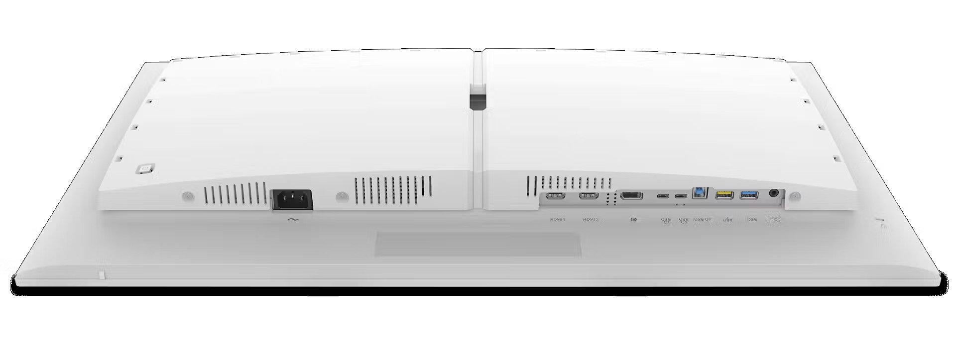 Dos d'un moniteur blanc non marqué montrant plusieurs ports : deux HDMI, DisplayPort, USB-C, USB 3.0 et une prise audio.