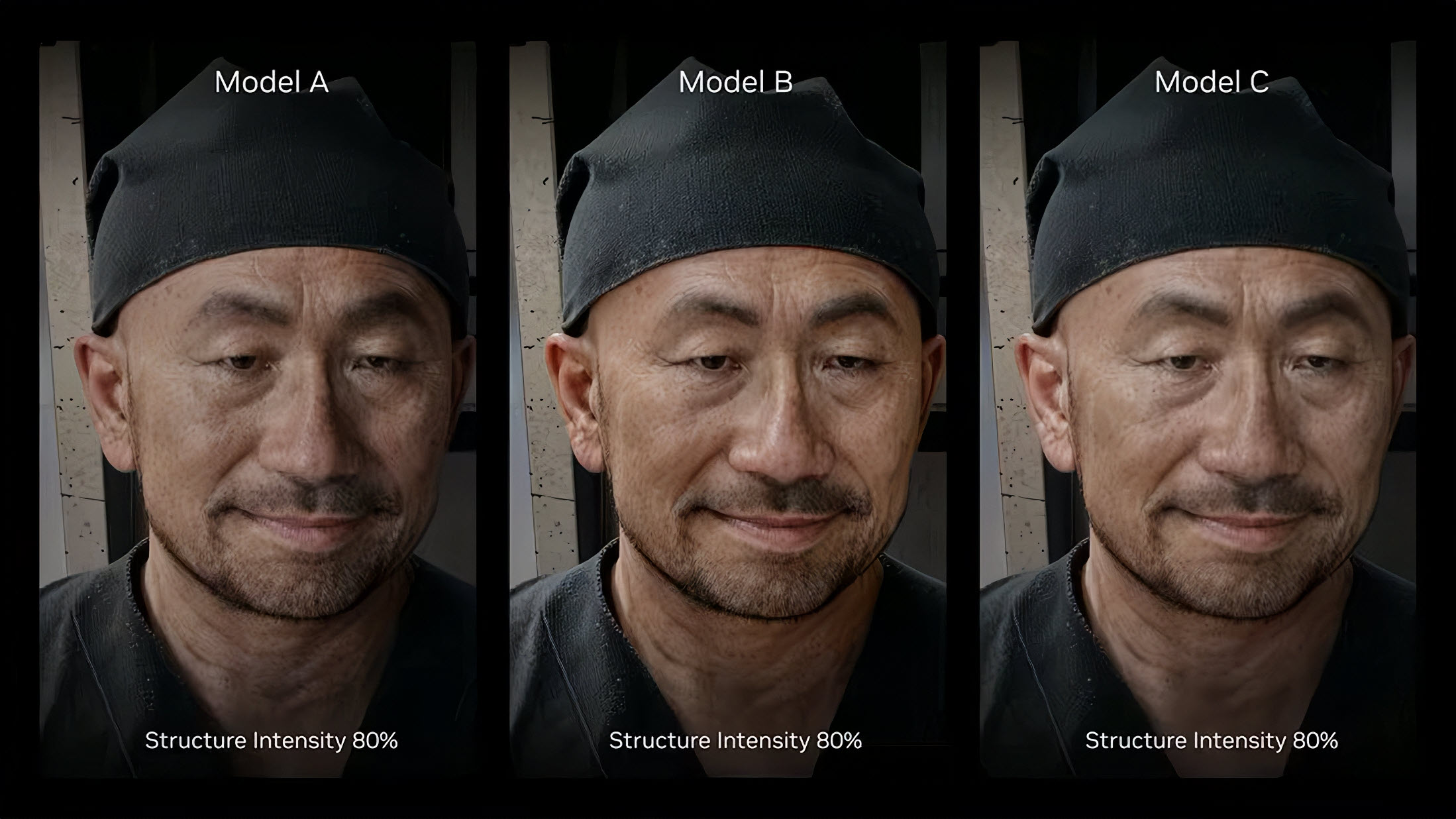 Trois portraits numériques réalistes 'Modèle A', 'Modèle B' et 'Modèle C' avec Structure Intensity à 80%.
