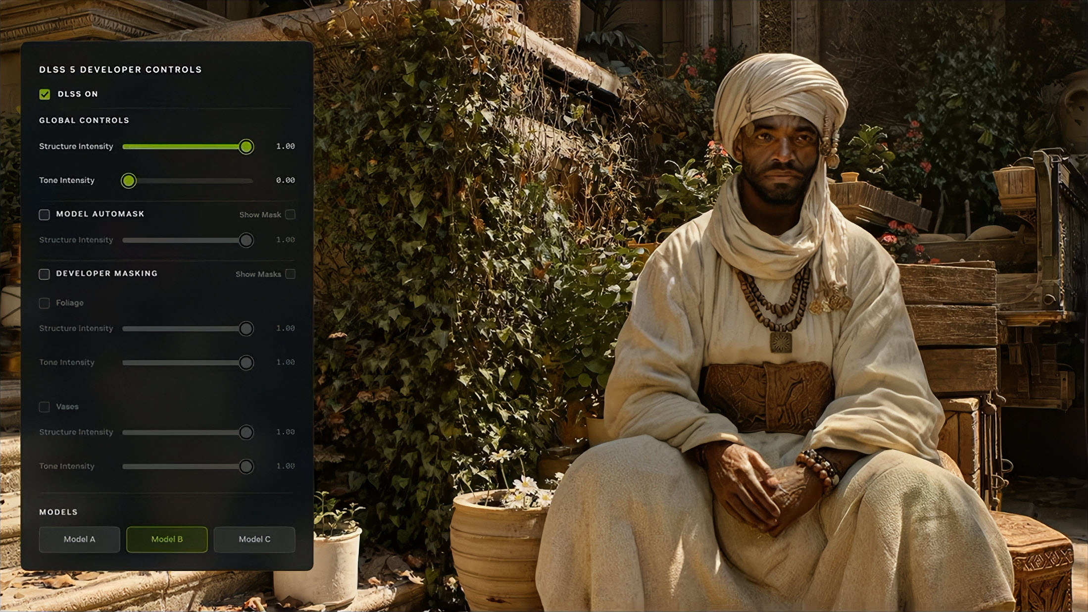 Scène de jeu avec contrôles développeur DLSS 5 à gauche, 'DLSS On' coché, et un personnage en tenue traditionnelle assis dehors à droite.