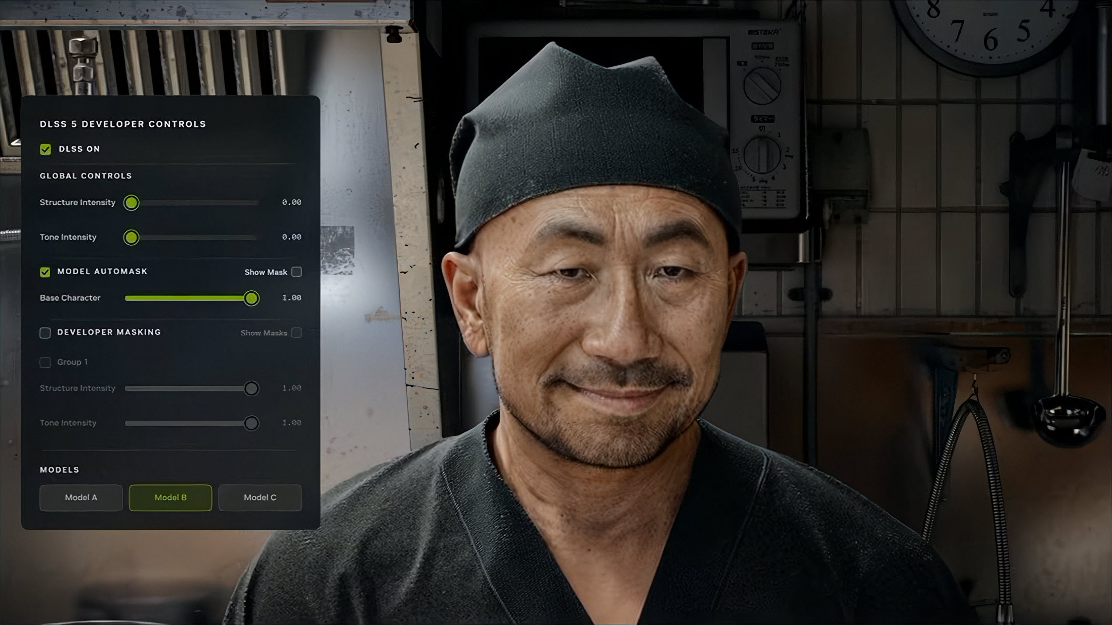 Rendu numérique réaliste d'un homme portant une casquette noire, avec superposition des options 'DLSS 5 Developer Controls' à gauche.