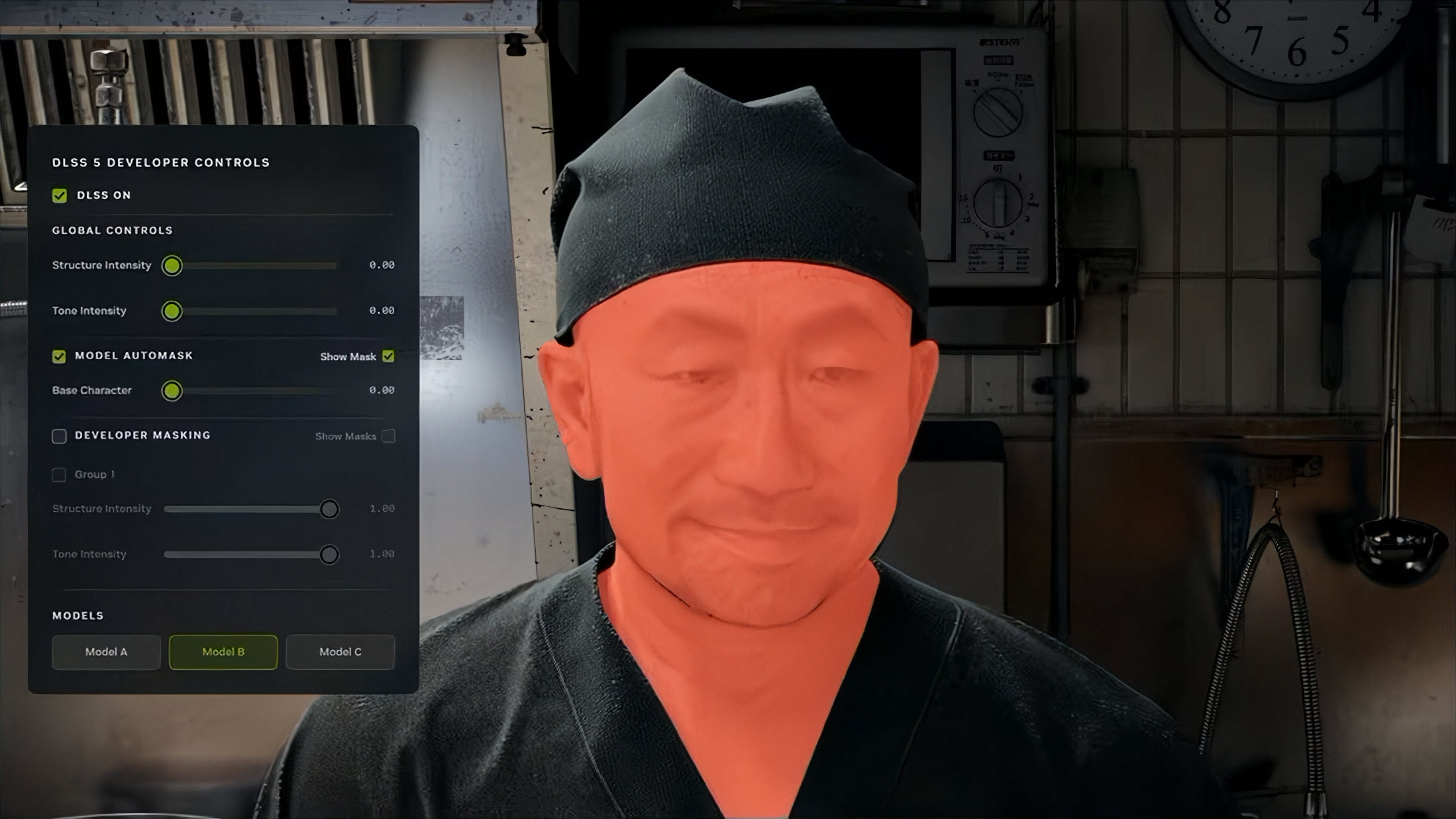 Individu masqué dans une cuisine avec superposition 'DLSS 5 Developer Controls' montrant 'DLSS ON' et 'MODEL AUTOMASK: Show Mask'.