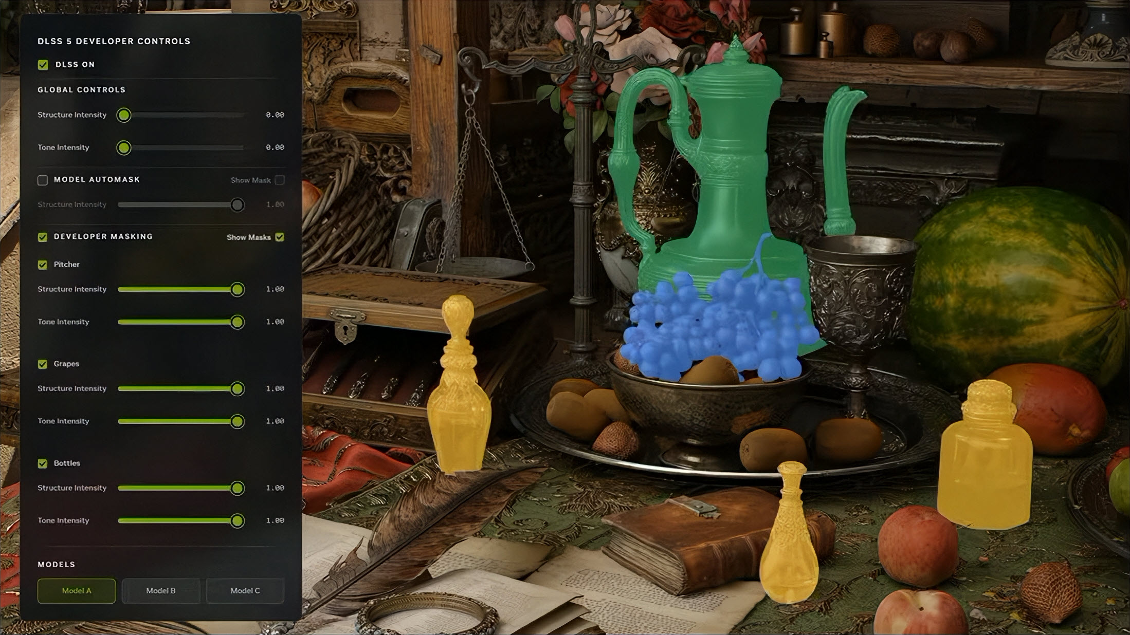 Interface numérique 'DLSS 5 Developer Controls' superposée à une nature morte, mettant en évidence une cruche, des raisins et des bouteilles avec différentes couleurs de masque et curseurs Structure/Tone Intensity.