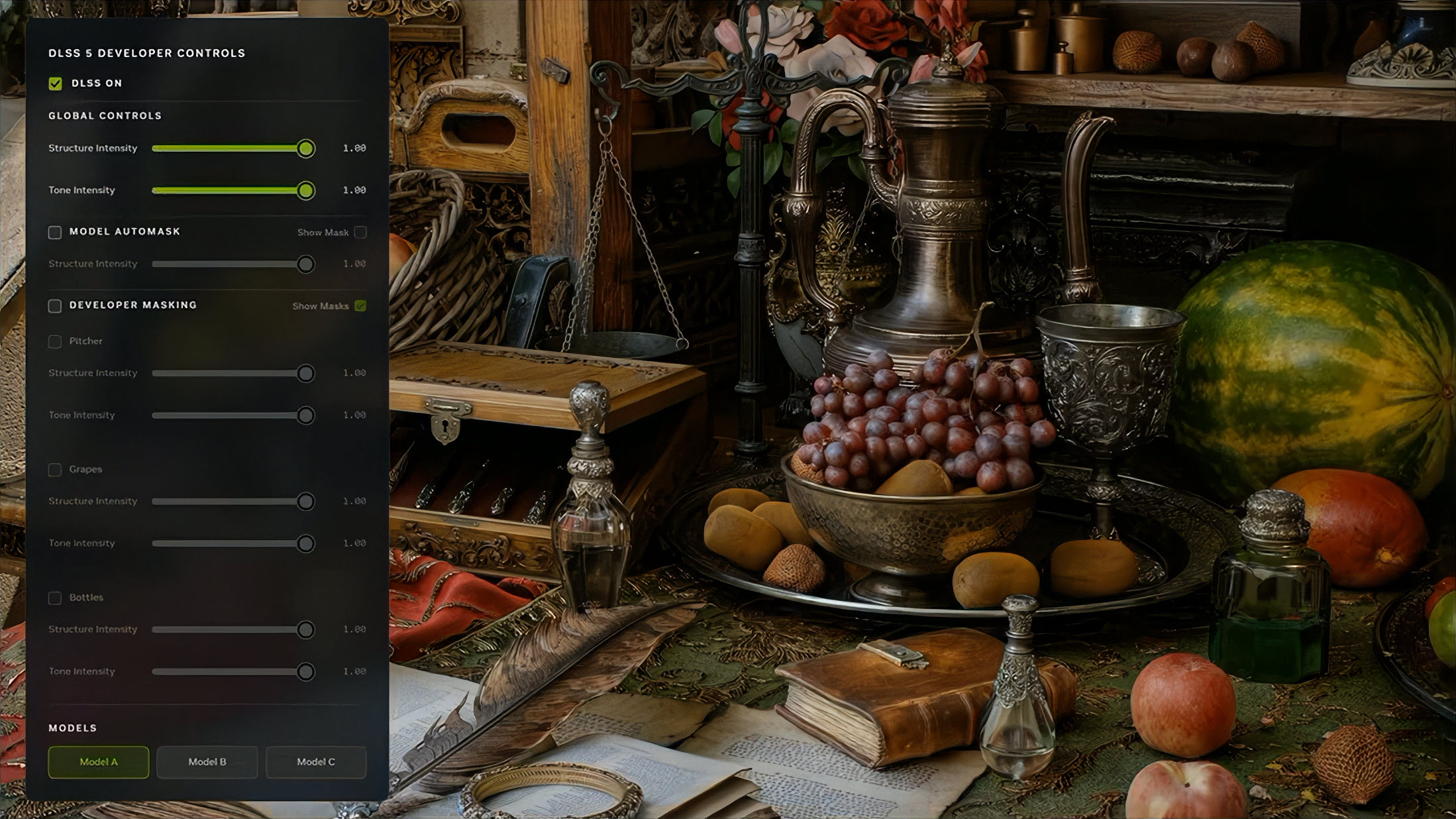 Panneau de contrôle développeur DLSS 5 avec 'DLSS on', 'Structure Intensity' et 'Tone Intensity' superposé à une nature morte avec fruits, pichet décoratif et livre.