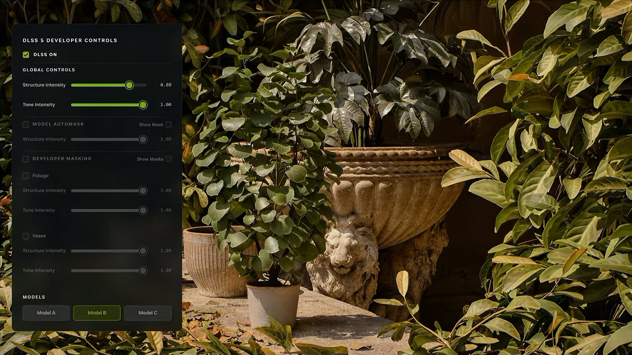 Écran montrant 'DLSS 5 Developer Controls' avec 'DLSS On' et curseurs Structure/Tone Intensity sur une image de plantes en pot.
