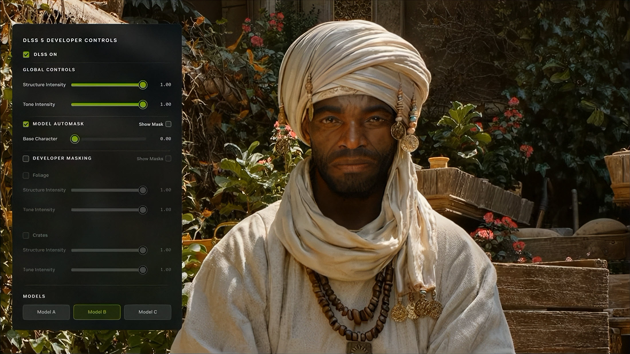 Personnage dans une scène extérieure détaillée avec interface utilisateur 'DLSS 5 Developer Controls' montrant les paramètres globaux et Model Automask.