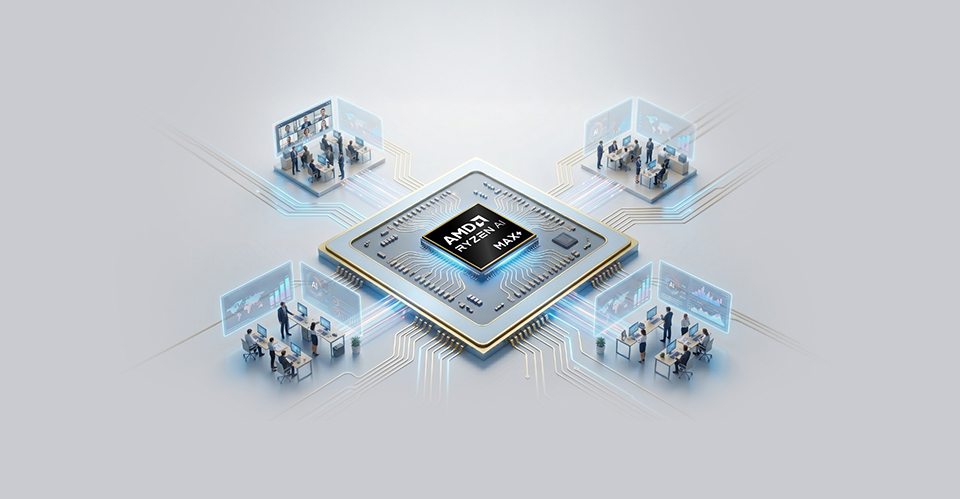 Une puce AMD Ryzen AI Max entourée d’hologrammes numériques représentant des activités professionnelles et de communication.