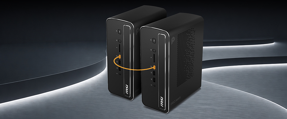Deux mini PC MSI PRO MAX reliés par une ligne orange sur un fond argenté futuriste.