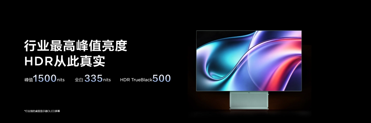 Affiche publicitaire du moniteur OLED TCL avec les mentions 1500 nits, 335 nits et HDR TrueBlack 500.