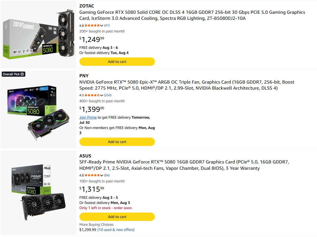 Comparaison de trois cartes graphiques NVIDIA GeForce RTX 5080 des marques ZOTAC, PNY et ASUS, montrant différents prix, notes et options de livraison.