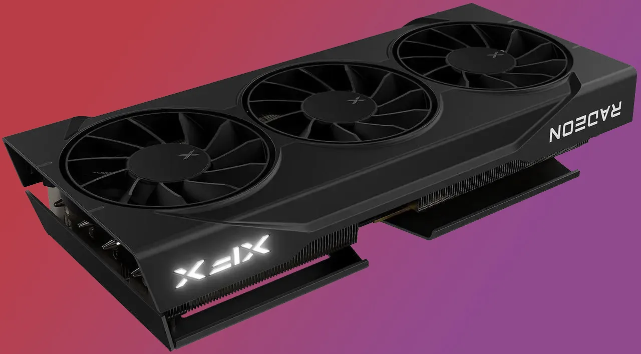 Carte graphique AMD Radeon RX 9060 XT sur fond rouge et rose