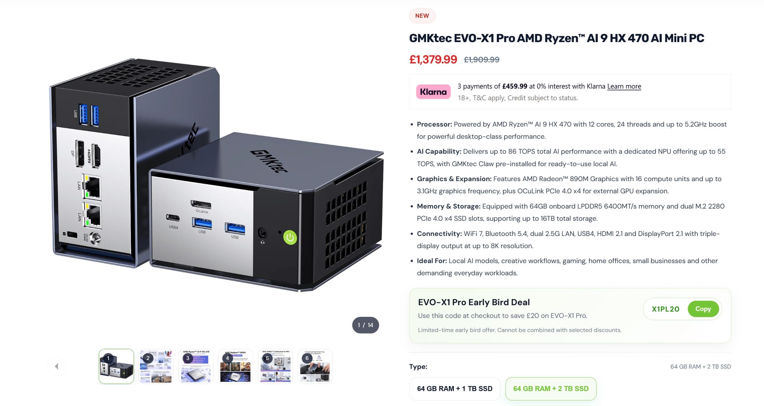 Le mini PC GMKtec EVO-X1 Pro avec Ryzen AI 9 HX 470, ports USB4, USB et Oculink mis en évidence, accompagné d'une fiche produit affichant un prix et les spécifications.